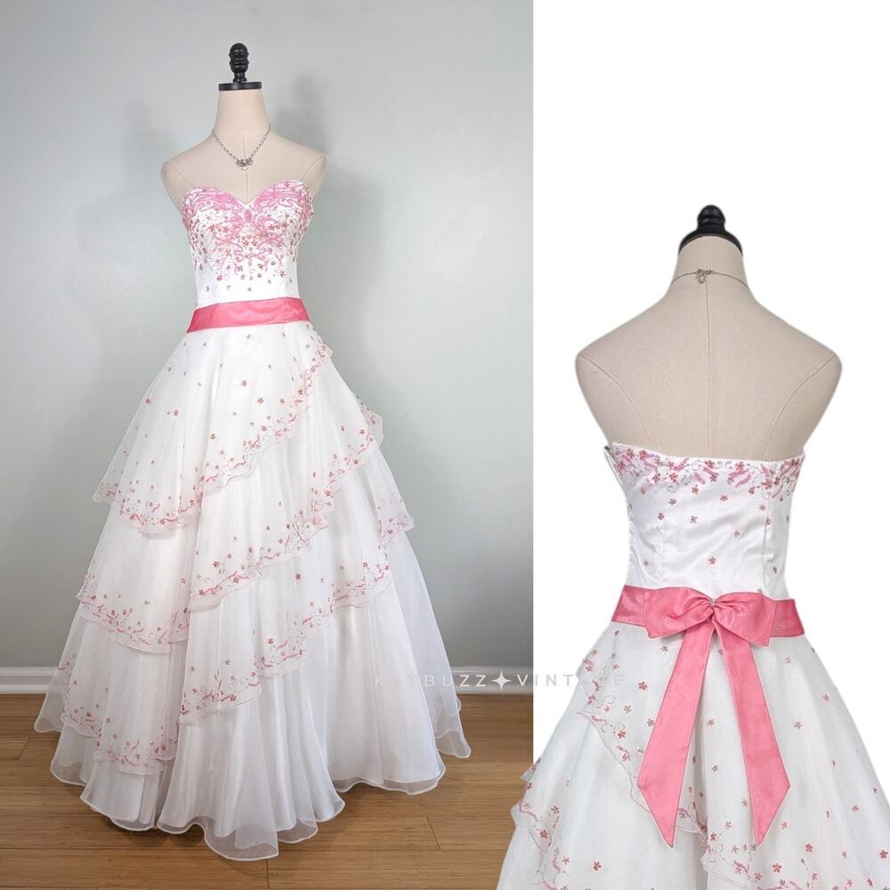 Vintage Alyce Prom Dress Maxi Gown 6 White Pink Y2K Princess Wedding Coquette